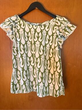 Christian Siriano Olive Green and Cream Printed Flutter Sleeve Top